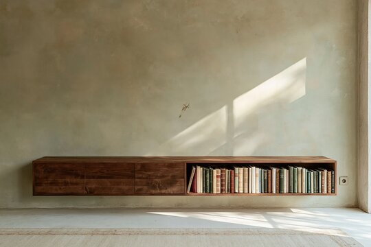 Brown timber sideboard with books on a shelf, featuring a weathered matte plaster wall and soft sunlight for interior design and mockup
