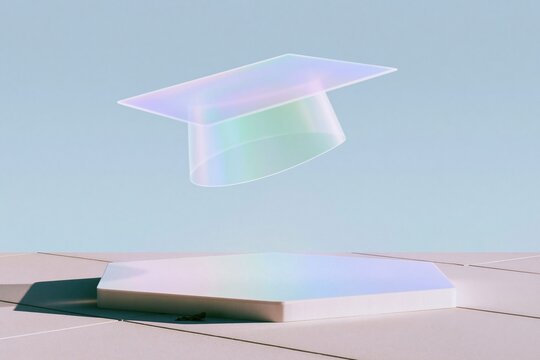 Translucent holographic mortarboard hovering above a sleek hexagonal platform on a sunny campus terrace, for online education and learning technology