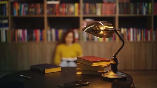 Retro lamp and stack of books on library desk, woman enjoys her reading hobby