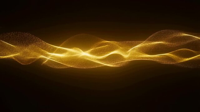Golden glowing particle waves flow and undulate horizontally across a dark digital space background. Layered gold and black tones enhance movement and depth.