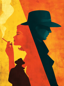 1950s-style American movie poster, orange-yellow geometric design, woman silhouette with cigarette holder, detective man silhouette in hat, retro minimalist cinematic composition.
