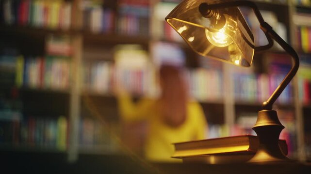 Retro lamp on library desk with woman choosing book from shelf, reading concept