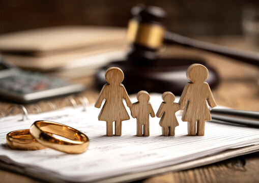 In the office of a notary or judge, there is a divorce or marriage document on the table, a pen, and two gold wedding rings. Wooden figures of families, mom, dad, child, husband, wife, mistress, alime