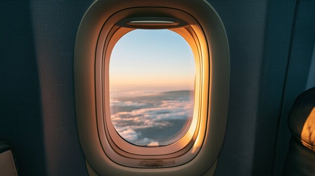 Aircraft cabin window showing a view of glowing orange clouds at sunset, with a scuffed acrylic pane and copy space for travel and aviation design