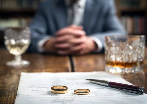 In the notary's or judge's office, there is a divorce or marriage certificate, a pen, and two gold wedding rings on the table.
