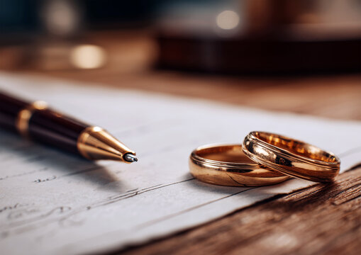 In the notary's or judge's office, there is a divorce or marriage certificate, a pen, and two gold wedding rings on the table.
