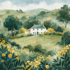 Fototapeta premium Idyllic countryside scene depicting a charming white cottage with a green roof, set against a backdrop of soft hills and vibrant flora