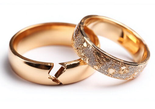 In the notary's or judge's office, there is a divorce or marriage certificate, a pen, and two gold wedding rings on the table.
