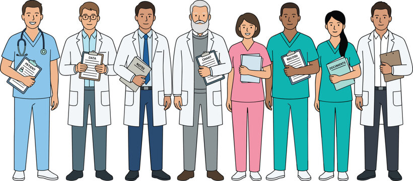 Diverse Medical Team Character Set Featuring Hospital Doctors Surgeons and Nurses Holding Clipboards and Standing in Lab Coats Flat Vector Illustration