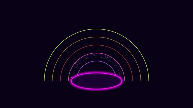 Glowing neon rainbow arch over pink futuristic stage with particles on dark background loop