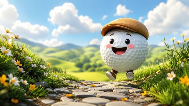Happy cartoon golf ball wearing a brown cap bounces along a sunny flower lined stone path