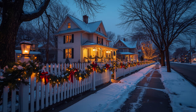The house is beautifully decorated with lights for Christmas.