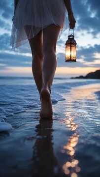 Barefoot woman walks through shallow ocean water at twilight carrying a glowing lantern