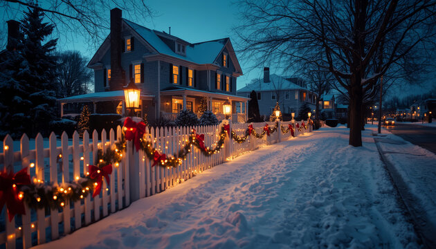 The house is beautifully decorated with lights for Christmas.