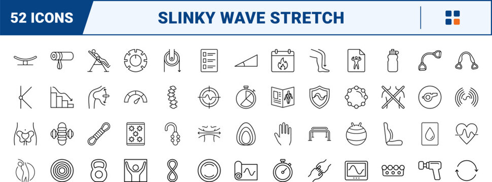 Slinky wave stretch line icon set. Vector pictograms of flexibility, mobility, fitness, and wellness elements, thin linear illustration.