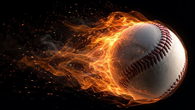Flaming white baseball flies at extreme speed through darkness with blazing sparks and fire