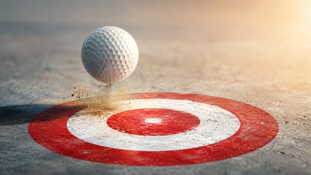 White golf ball bounces above a red bullseye target on a rough concrete surface