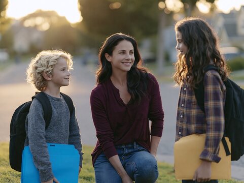 Mother talking to her two children with backpacks before school in a suburban neighborhood.