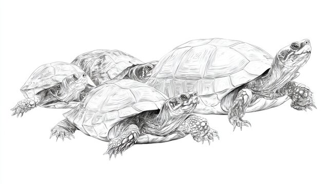 Group of Four Realistic Tortoises in Detailed Pencil Drawing Style