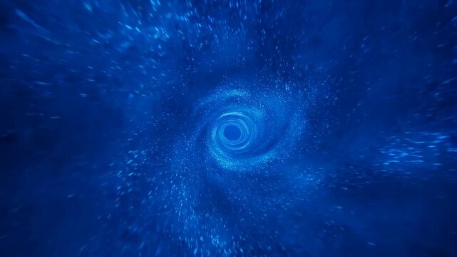 Blue swirling particle vortex rotates inward with glowing light points forming a circular digital pixel pattern. Abstract backdrop shaped by rotation, energy flow and vortex.