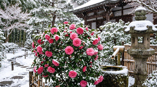 Vibrant pink camellia flowers bloom beautifully in a serene japanese garden covered with fresh white snow
