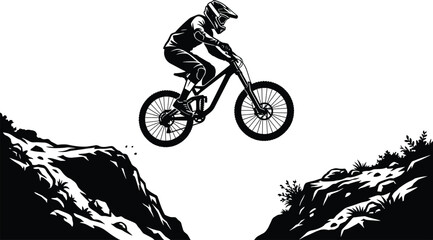 Fototapeta premium Mountain Biker Jumping Over Rocky Gap Vector Illustration for Extreme Sports and Adventure Designs