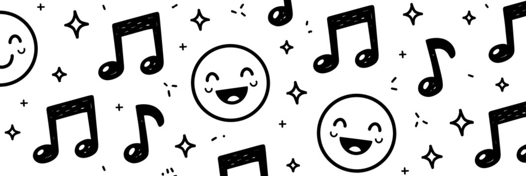 Black musical notes and smiling faces on white background