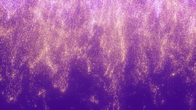 Glowing golden particles fall and drift downward against a purple gradient background. Layered purple and golden yellow tones enhance movement and depth.