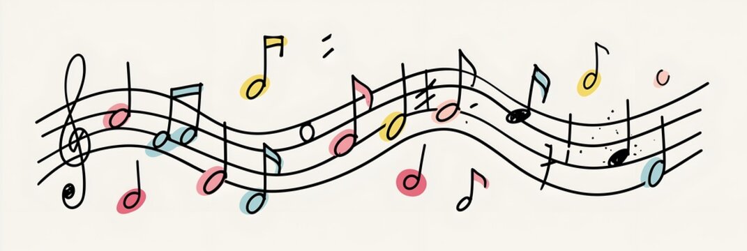 Colorful musical notes dance along playful wavy staff lines