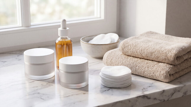 Skincare products, serum bottle, moisturizer jars, cotton pads, and soft towels on a marble vanity, promoting beauty and self care