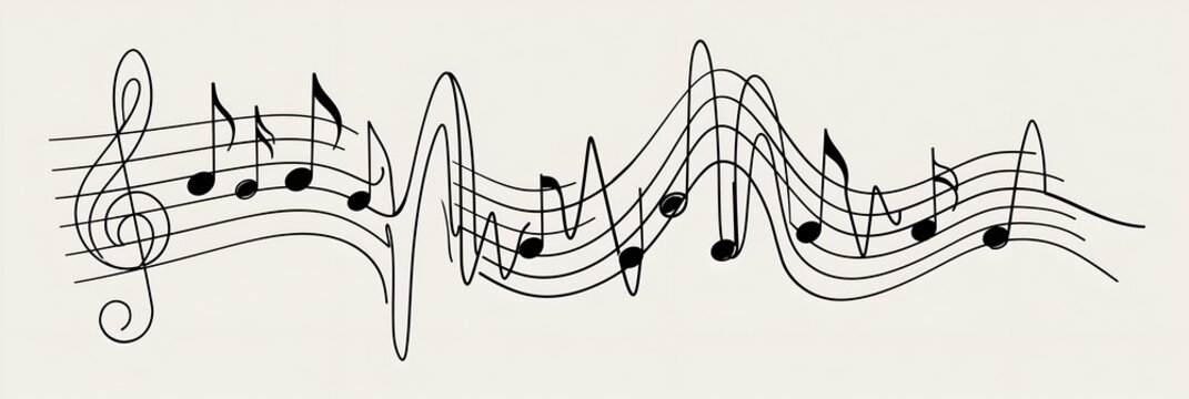 Curved musical staff flows with scattered notes