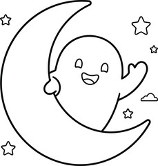 Fototapeta premium Cute cartoon ghost character waving hand sitting on a crescent moon with stars in night sky