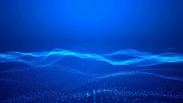 Blue digital wave composed of glowing particles undulates over a grid in a gradient background. Animated scene combines particles and wave lines with glowing light.