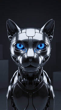 Futuristic robot cat with a shiny metallic body and glowing blue eyes on a dark background.