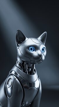 Futuristic robot cat with a shiny metallic body and glowing blue eyes on a dark background.