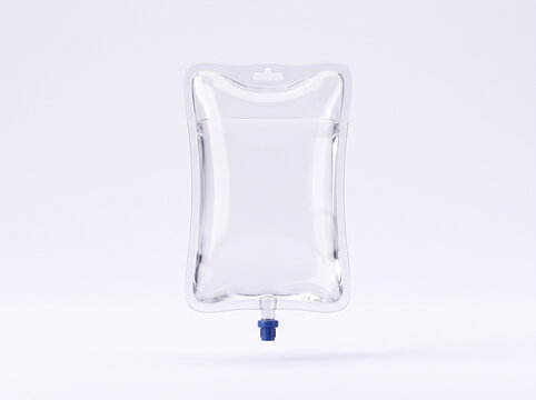 Sterile saline solution in transparent medical pouch