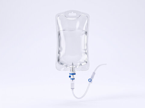 Sterile saline solution in transparent medical pouch