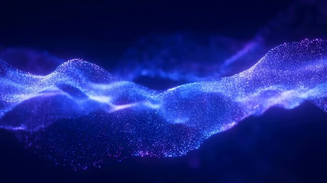 Glowing blue and purple particles flow and pulse forming wave-like shapes on a dark digital background. Animated background combines glowing light with layered depth.