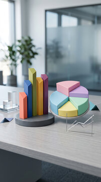 Colorful 3D bar and pie charts on a desk, representing data, analysis, and business growth, showcasing analytics.