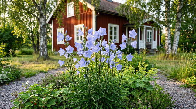 Pale blue bellflowers blooming beautifully in front of a rustic red cottage during summer sunset light