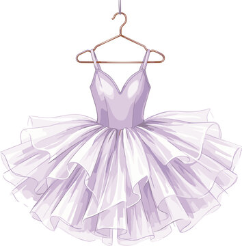 Elegant Purple Ballet Tutu Dress Vector Illustration Featuring Fluffy Tulle Layers Hanging on a Metallic Clothes Hanger for Dance Studio and Fashion Designs