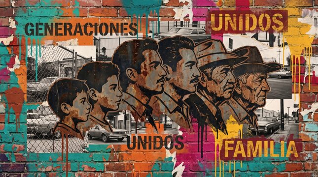 Multi-generational Mexican American male portraits are rendered in a vibrant street art mural. This compelling artwork celebrates family, unity, and cultural identity across generations.