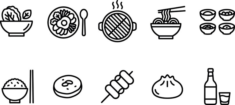 Korean and Asian traditional food cuisine vector icon set featuring salad bibimbap barbecue ramen side dishes rice pancake skewer dumpling and soju for restaurant menu branding