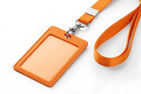 Vertical orange id badge card holder with fabric neck strap for professional employee access pass tool.

