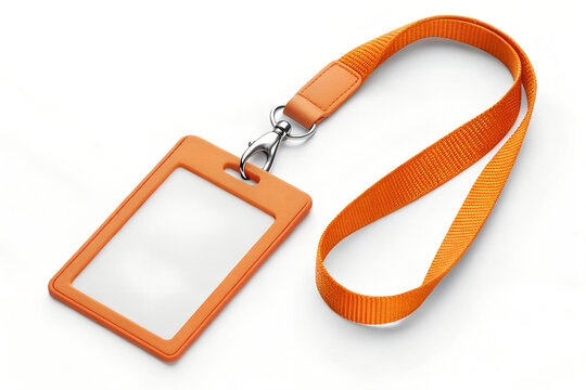 Vertical orange id badge card holder with fabric neck strap for professional employee access pass tool.
