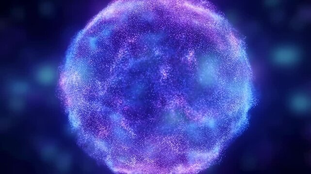 Glowing spherical cluster of blue and purple particles pulses and rotates against a dark gradient background. Glow diffusion haze adds depth and energy to the animated scene.