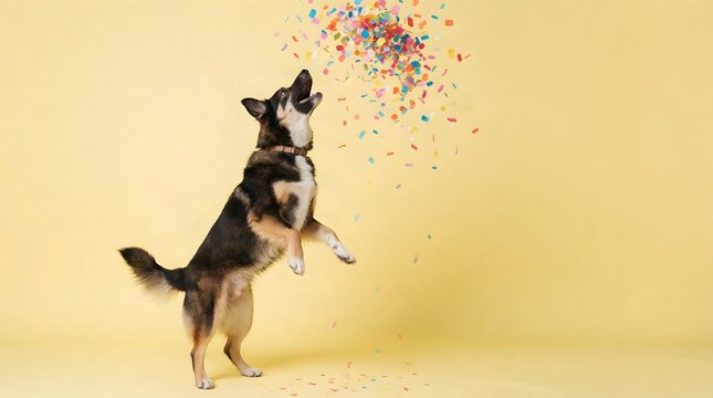 Playful dog jumping with colorful confetti on yellow background