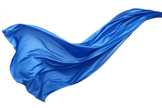 Blue silk fabric flowing in dynamic motion, creating graceful waves and drapery in air.
