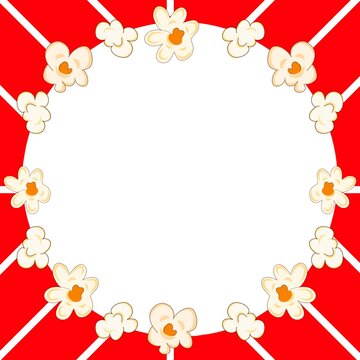 Popcorn Circle Border. Cinema Snack Frame Background. Red White Template