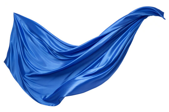 Blue silk fabric flowing in dynamic motion, creating graceful waves and drapery in air.
